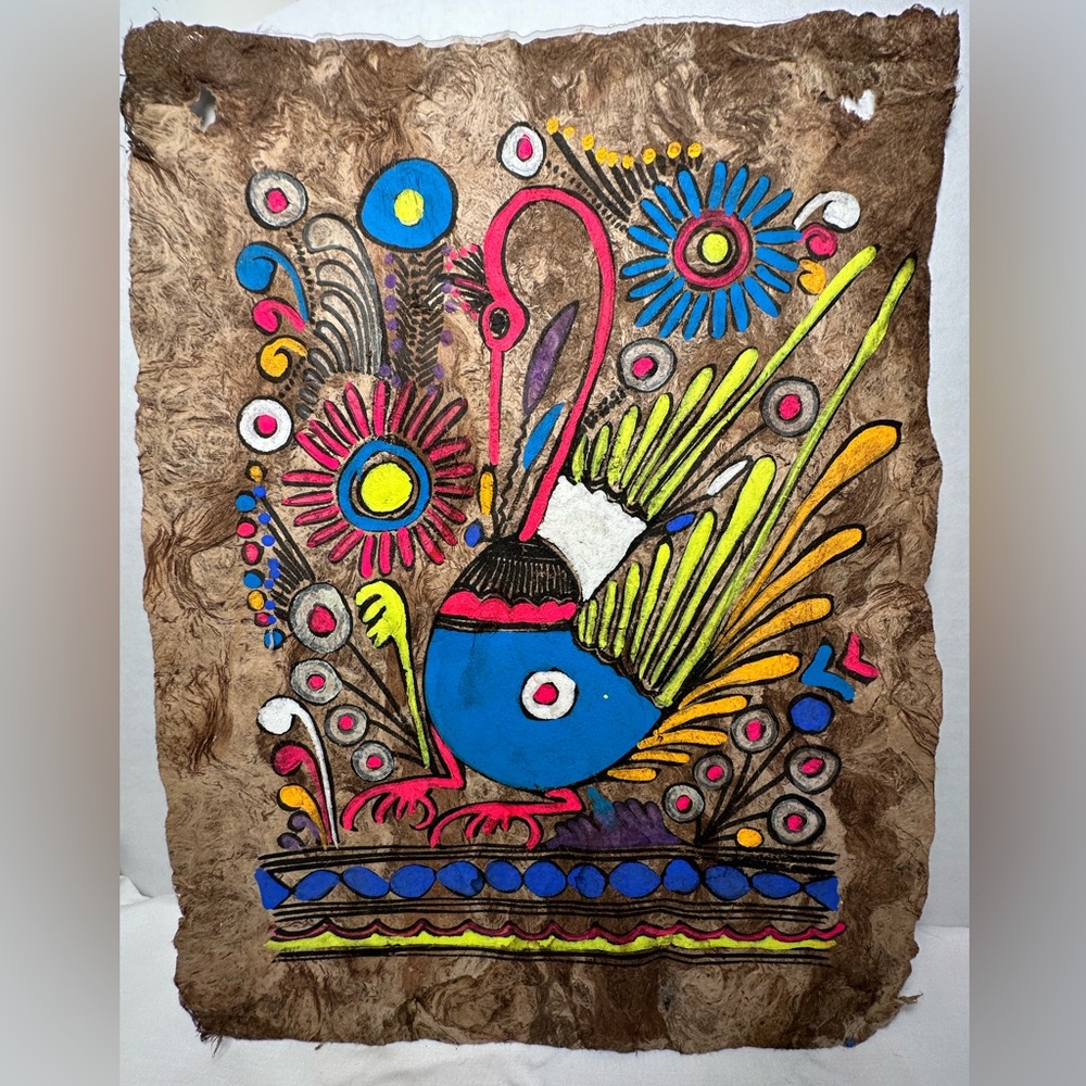 Vintage Retro 60’s 70’s Mexican Folk Art Hand Painted Ornate Tree Bark Parchment